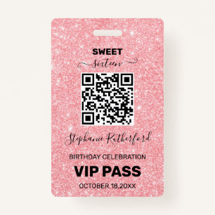 Tarjeta De Identificación Dieciséis cumpleaños fiesta VIP PASS Purpurina ros