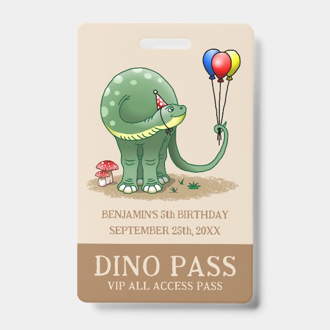 Tarjeta De Identificación Dinosaurio sosteniendo globos de cumpleaños (Parte frontal)