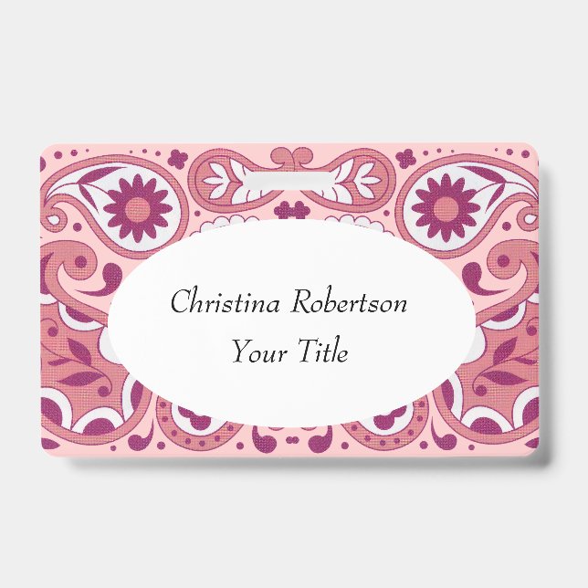 Tarjeta De Identificación Diseño de flores de estampado Paisley blanco rosa  (Parte frontal)