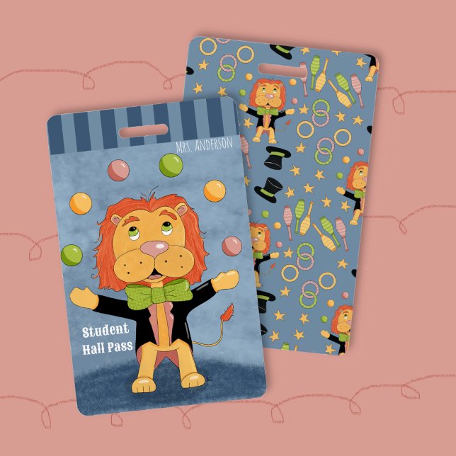 Tarjeta De Identificación Divertida insignia de pase de sala para estudiante (Fun circus juggling lion elementary school student hall pass badge)