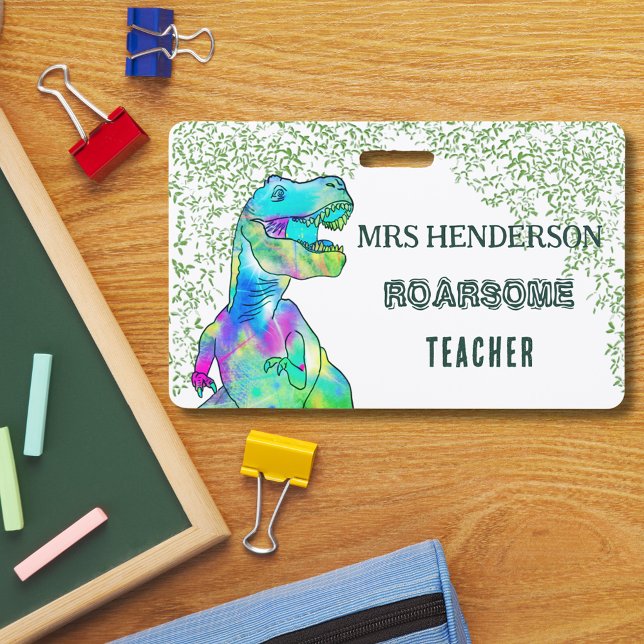 Tarjeta De Identificación Divertido Dinosaurio Roarsome School Teacher Name (Fun T-Rex dinosaur roarsome school teacher personalized badge lanyard modern green typography )