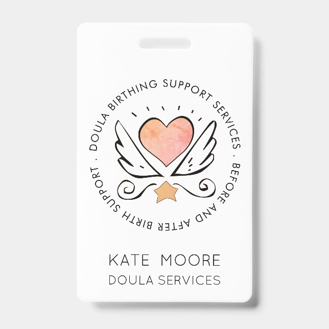 Tarjeta De Identificación Doula O Partera Corazón Con Alas Nombre Blanco (Parte frontal)