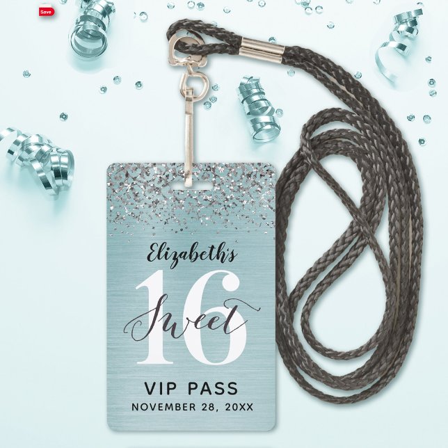 Tarjeta De Identificación Dulce azul verde azulado 16 cumpleaños VIP (A cute blue sweet sixteen lanyard birthday party invitation with silver glitter.)