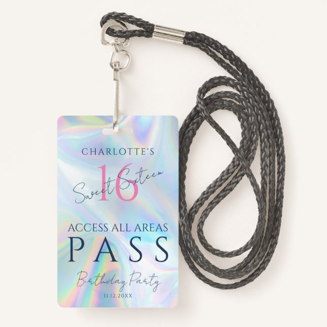 Tarjeta De Identificación Dulce Dieciséis Holograficos VIP Access Invitar ID (Anverso son cordón)