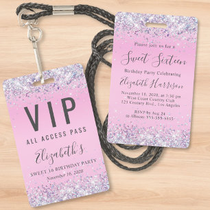 Tarjeta De Identificación Dulces 16 Cumpleaños Fiesta Pase VIP Brillante Ros