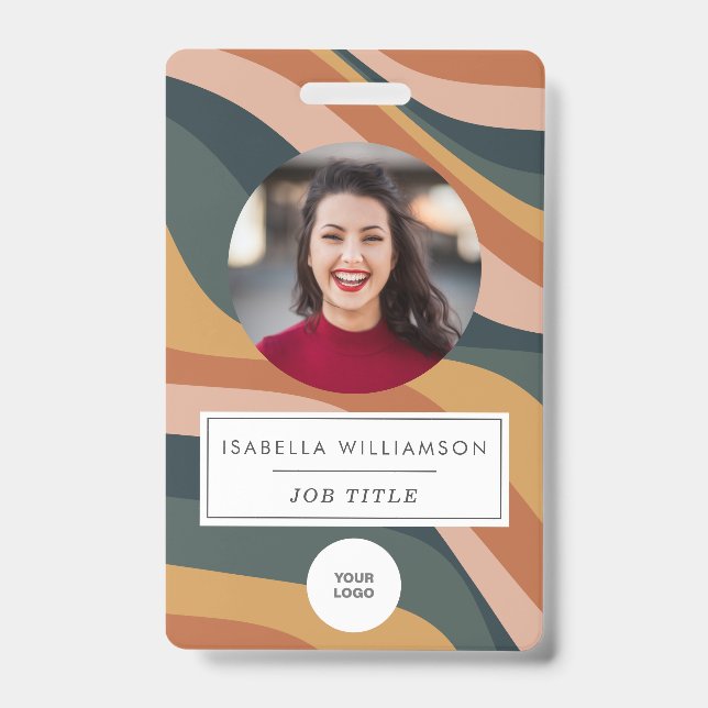 Tarjeta De Identificación Earthy Retro Wavy Lines Employee Photo ID (Front)