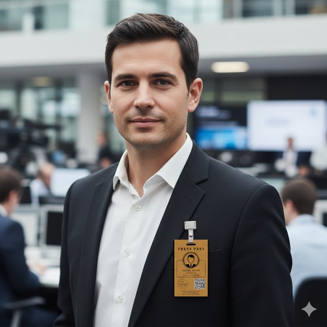 Tarjeta De Identificación Editable Press Pass Layout Photo ID Plus QR Code (Editable Press Pass Layout Photo ID Plus QR Code Badge)