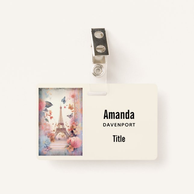 Tarjeta De Identificación Eiffel Tower Butterflies and Flowers (Anverso con clip)