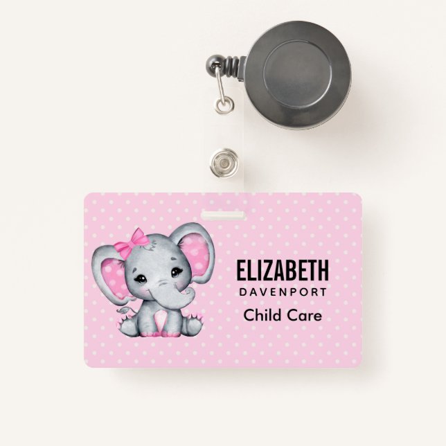 Tarjeta De Identificación Elefante de bebé rosado con polka (Anverso retráctil)