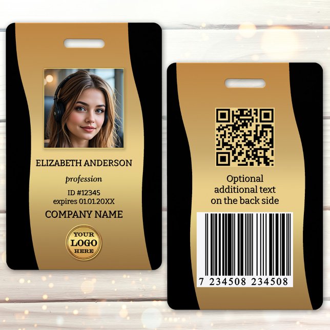 Tarjeta De Identificación Elegant Gold Black Photo ID Badge (Elegant black and gold design employee photo badge with your custom photo and logo)