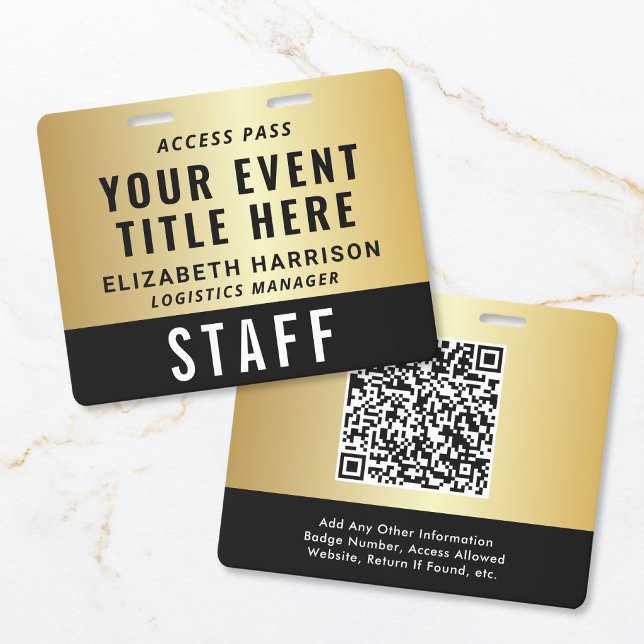 Tarjeta De Identificación Elegant QR Code Black Gold Event Access Pass ID (Elegant QR Code Black Gold Event Access Pass ID Badge)