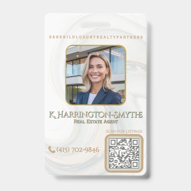 Tarjeta De Identificación Elegant Sage Gold Realtor Photo ID/QR Code Contact (Parte frontal)
