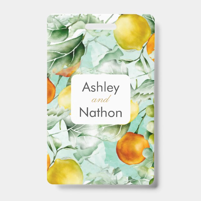 Tarjeta De Identificación Elegante Boda de verano floral y acuarela de fruta (Parte frontal)