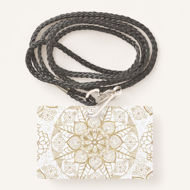 Tarjeta De Identificación Elegante Boho White Gold Mandala Floral (Anverso son cordón)