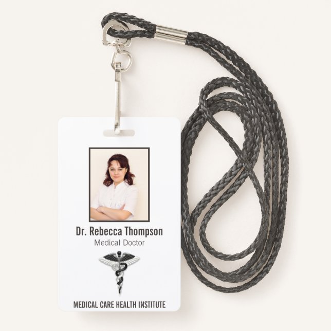 Tarjeta De Identificación Elegante Caducto Médico Blanco Negro Foto ID (Anverso son cordón)