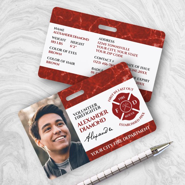 Tarjeta De Identificación Elegante Firefighter Red Marble Photo Signature ID (Red Firefighter Photo ID Badge Cover Photo. )