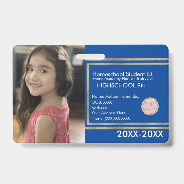 Tarjeta De Identificación Elegante Homeschooling School ID Logo de Blue Gold (Front)
