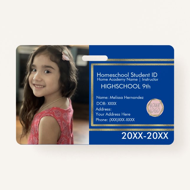 Tarjeta De Identificación Elegante Homeschooling School ID Logo de Blue Gold (Anverso)