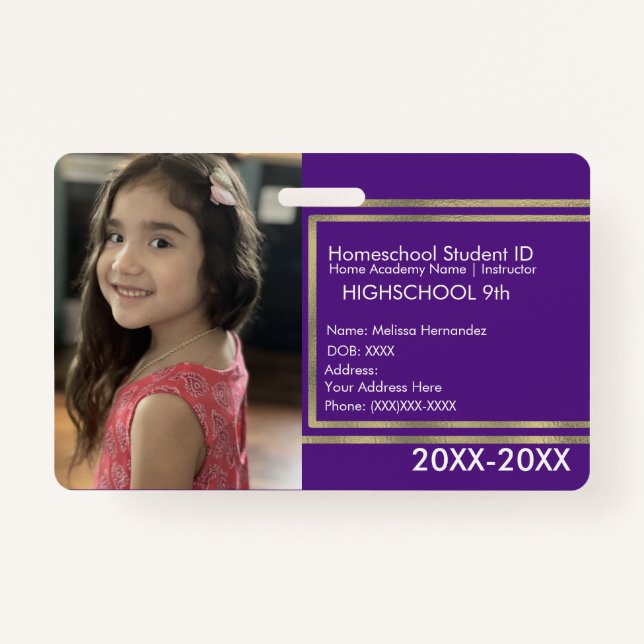 Tarjeta De Identificación Elegante Homeschooling School ID Purple Gold Badge (Anverso)