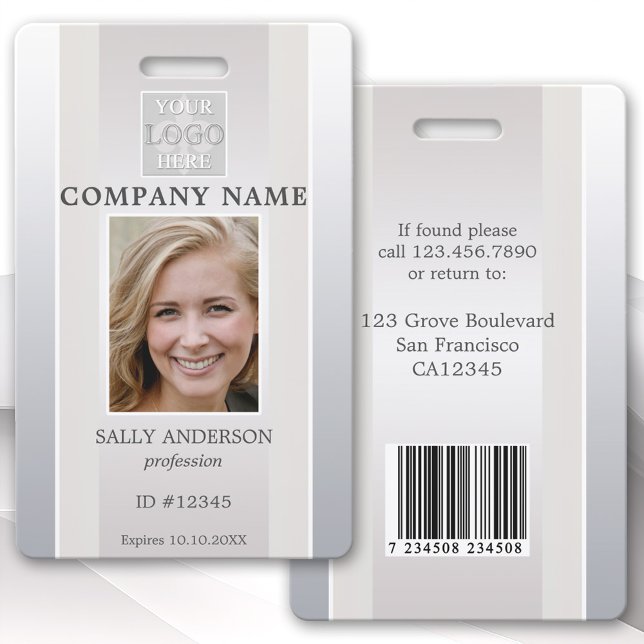 Tarjeta De Identificación Elegante insignia de identificación de empleado en (Elegant silver beige photo ID badge with space for your custom photo and logo, bar code or QR code)