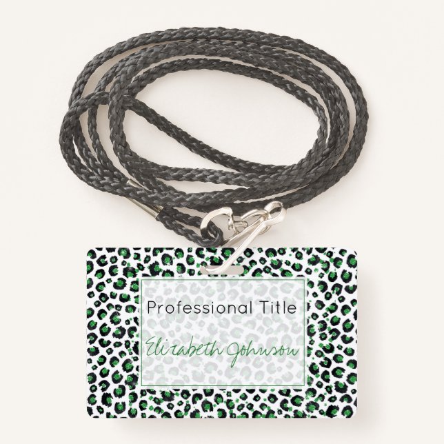 Tarjeta De Identificación Elegante Purpurina Verde Leopardo negro impresión  (Anverso son cordón)