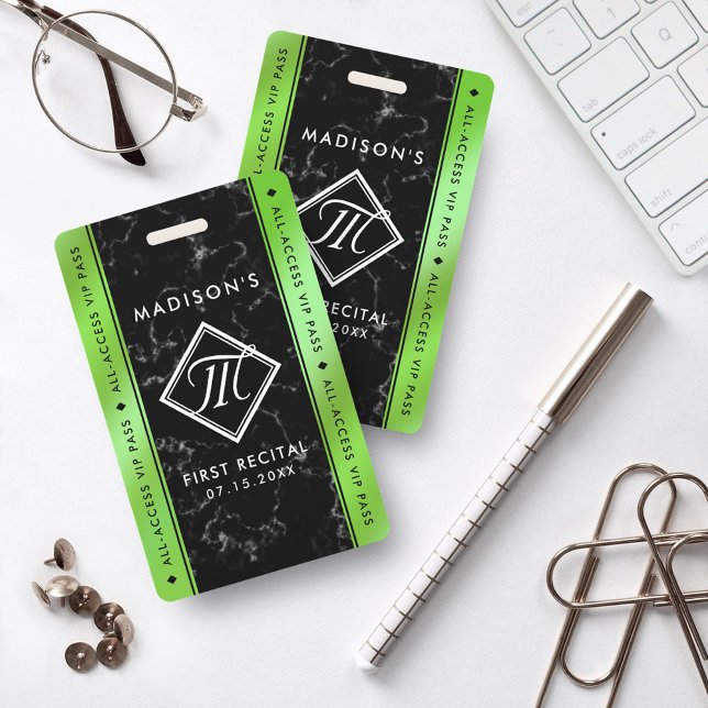 Tarjeta De Identificación Elegante Relieve metalizado verde limón Mármol neg (Elegant Lime Green Foil Black Marble VIP Event Badge Cover Photo.)