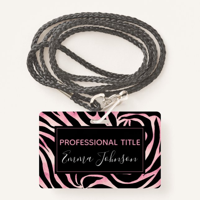 Tarjeta De Identificación Elegante Rosa Purpurina de oro Zebra Black Animal  (Anverso son cordón)