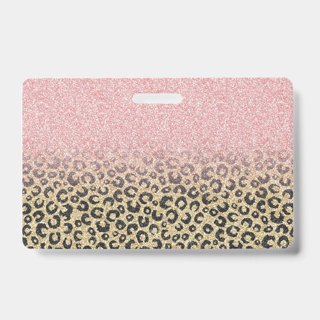 Tarjeta De Identificación Elegante Rosa Purpurina dorado Leopardo negro (Parte frontal)