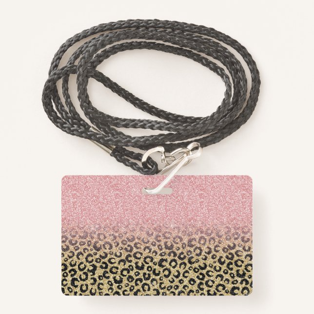 Tarjeta De Identificación Elegante Rosa Purpurina dorado Leopardo negro (Anverso son cordón)