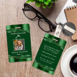 Tarjeta De Identificación Elegante Verde y Oro Empresa de Fotos Personalizad