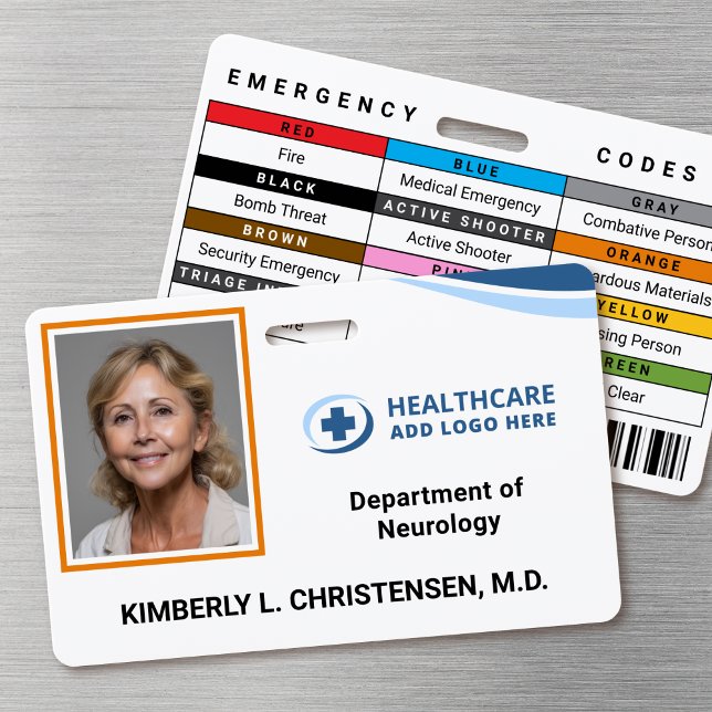 Tarjeta De Identificación  Emergency Codes Hospital Employee Photo ID Badge (Double-sided photo ID badge with custom emergency codes and barcode image)