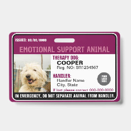 Tarjeta De Identificación Emotional Support Animal ID Therapy Photo Custom