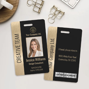 Tarjeta De Identificación Empleado corporativo Black Faux Brushed Gold ID