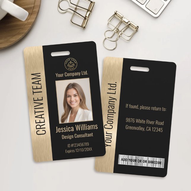Tarjeta De Identificación Empleado corporativo Black Faux Brushed Gold ID (Subido por el creador)