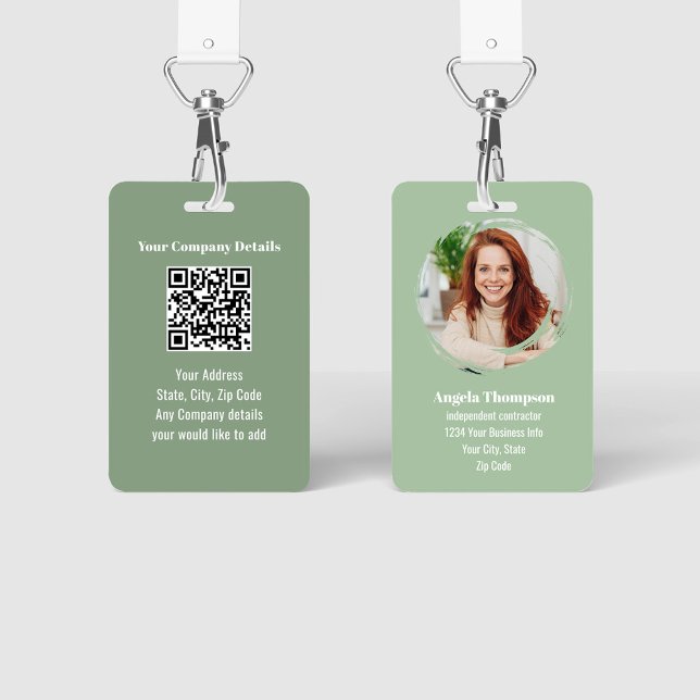 Tarjeta De Identificación Empleado de código QR de foto moderna verde (Green business ID Badge with photo template and QR code.)