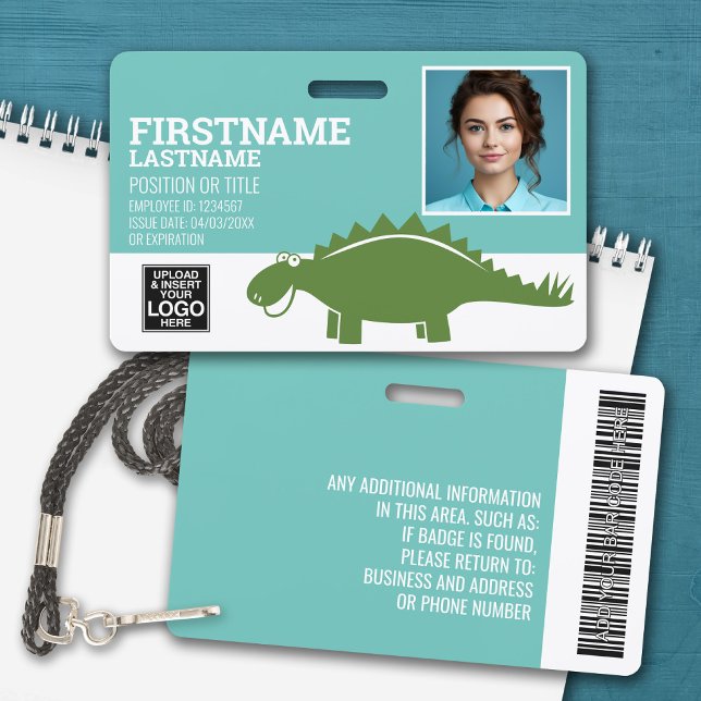 Tarjeta De Identificación Empleado de Guardería Pediátrica Stegasaurus Foto (Personalized Name Badge with Photo and Company Logo)