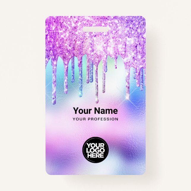 Tarjeta De Identificación Empleado de Purpurina holográfico de moda cute (Anverso)