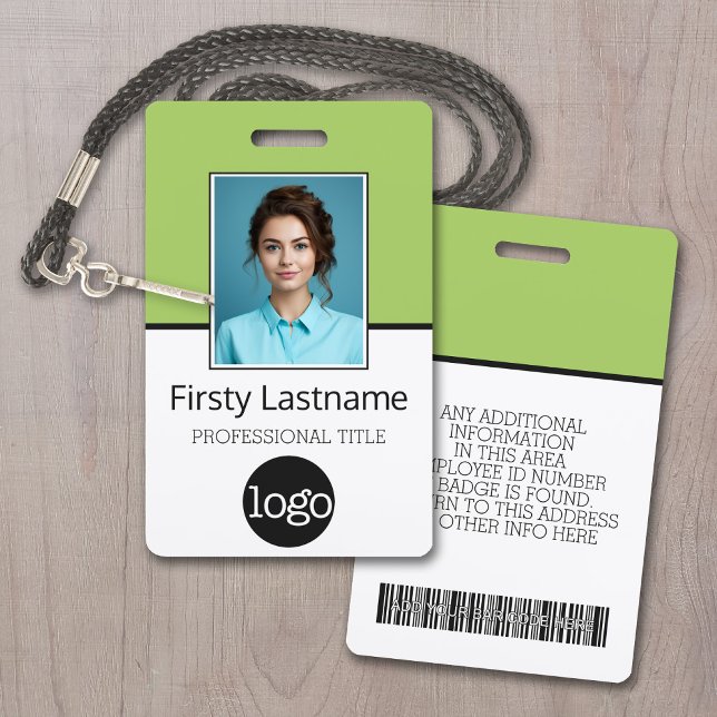 Tarjeta De Identificación Empleado esencial - Foto, código de barras, logoti (Employee ID Badge with Custom Logo, Photo and Scan Bar Code - Lime Green Accents)