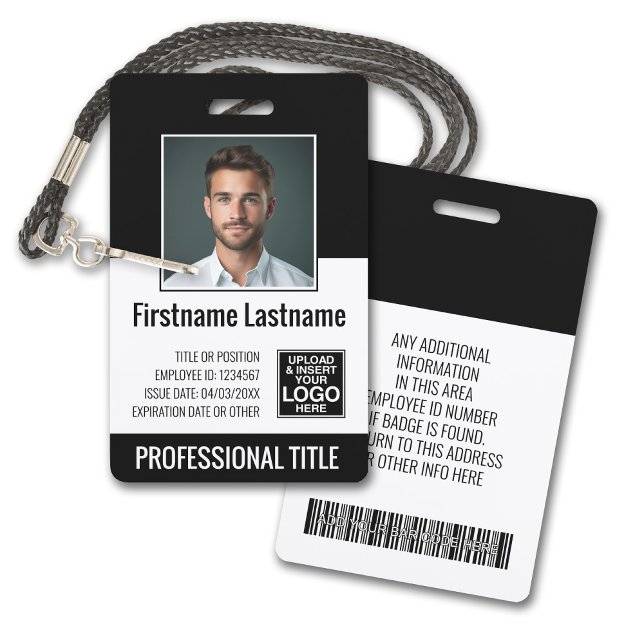 Tarjeta De Identificación Empleado esencial - Foto, código de barras, logoti (Plastic ID Badge - Customize with Employee Photo and Credentials. Black Accents)