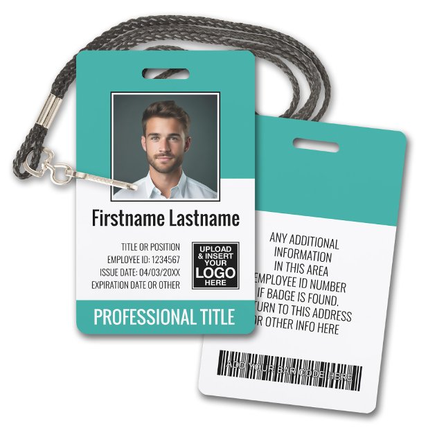Tarjeta De Identificación Empleado esencial - Foto, código de barras, logoti (Plastic ID Badge - Customize with Employee Photo and Credentials. Teal Accents)