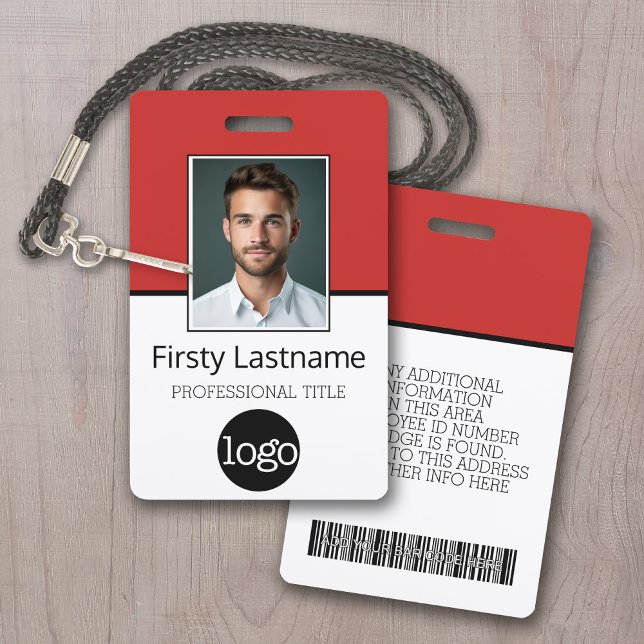 Tarjeta De Identificación Empleado personalizado: foto, código de barras, lo (Employee ID Badge - Online Proof and Low Minimum - Red Accents)