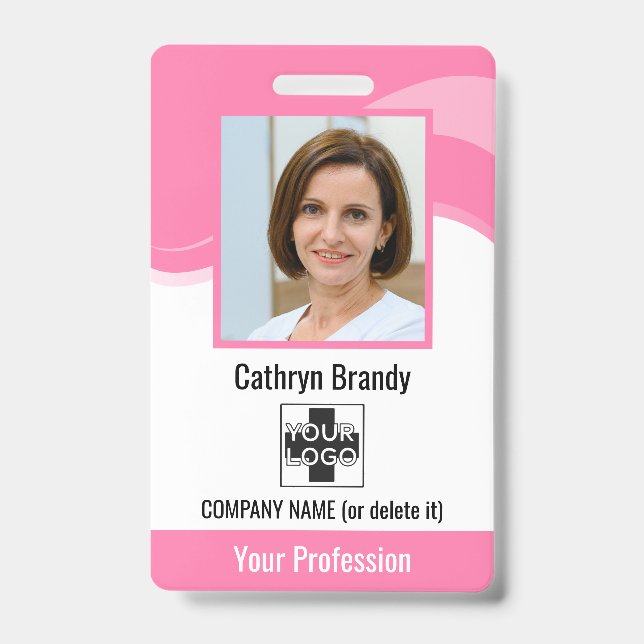 Tarjeta De Identificación Empleado personalizado rosa, foto, código de barra (Anverso)