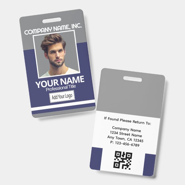 Tarjeta De Identificación Employee Photo Badge-Gray, White, Navy Blue (Parte frontal y trasera)