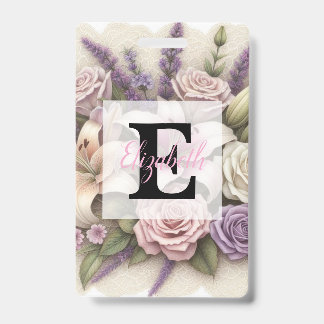 Tarjeta De Identificación Encaje de monograma floral rosas púrpura lirios la