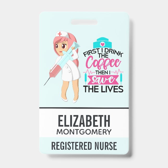 Tarjeta De Identificación Enfermera divertida diciendo con gran aguja hipodé (Anverso)