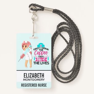 Tarjeta De Identificación Enfermera divertida diciendo con gran aguja hipodé