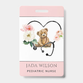 Tarjeta De Identificación Enfermera pediátrica Teddy Bear Estetoscopio Flora
