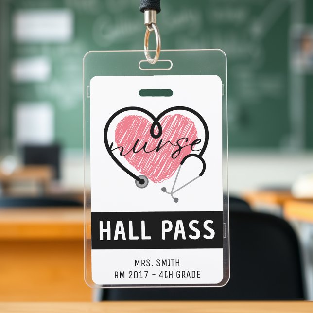 Tarjeta De Identificación Enfermera Stethoscope Pase del Salón Blanco del Co (Nurse Stethoscope Pink Heart Hall Pass Badge
)