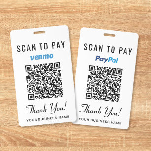 Tarjeta De Identificación Escanear para pagar Venmo PayPal Código QR Pago Co
