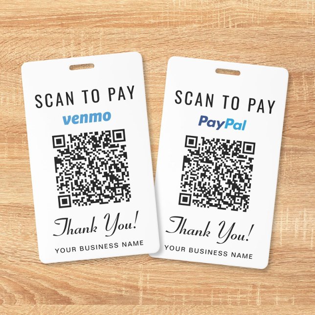 Tarjeta De Identificación Escanear para pagar Venmo PayPal Código QR Pago Co (Scan to Pay Venmo PayPal QR Code Business Payment Badge)